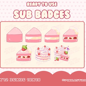 Süße Rosa Erdbeerkuchen Bit/Sub Anstecker für Twitch/YouTube || Handgezeichnete Emotes zum Streamen