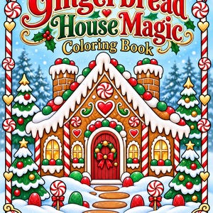 May include: A coloring book cover titled Gingerbread House Magic featuring a brown gingerbread house with white icing, red and green candies, and two chimneys. The scene includes snow, Christmas trees, and a red door with a wreath.