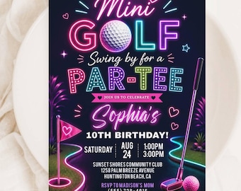 Mini Golf Birthday Invitation Template, Neon Golf Party Invite, Editable Kids Golf Birthday, Any Age, Digital Download
