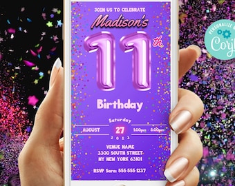 11th Birthday Invitation Template - Editable Template Digital Evite | Girls Pink Balloon Eleventh Birthday Digital Evite
