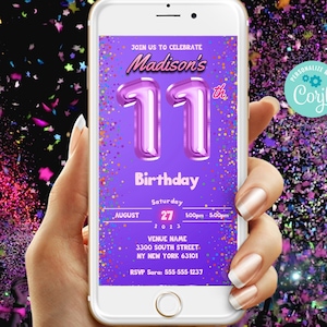 11th Birthday Invitation Template - Editable Template Digital Evite | Girls Pink Balloon Eleventh Birthday Digital Evite