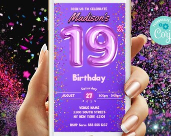 19th Birthday Invitation Template - Editable Template Digital Evite | Girls Pink Balloon Nineteenth Birthday Digital Evite