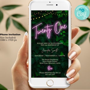 21st Birthday Invitation Template - Editable Template Digital Evite | Pink Neon Greenery Twenty One Birthday Digital Evite