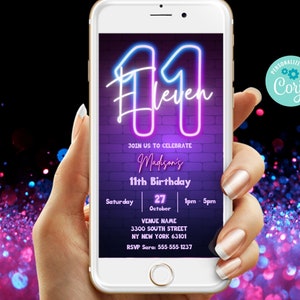 11th Birthday Invitation Template - Editable Template Digital Evite | Purple Neon Eleventh Birthday Digital Evite