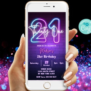 21st Birthday Invitation Template - Editable Template Digital Evite | Purple Neon Twenty One Birthday Digital Evite