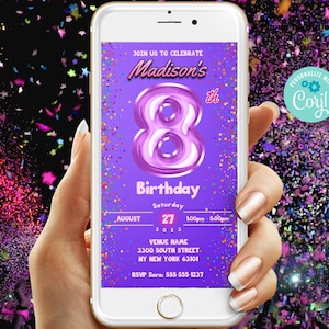 8th Birthday Invitation Template - Editable Template Digital Evite | Girls Pink Balloon Eighth Birthday Digital Evite