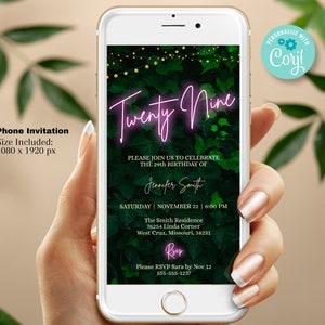29th Birthday Invitation Template - Editable Template Digital Evite | Pink Neon Greenery Twenty Nine Birthday Digital Evite