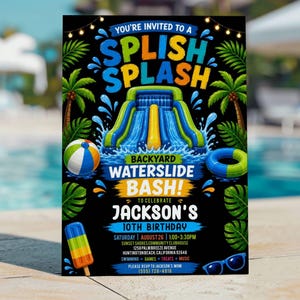Splish Splash Waterslide Birthday Invitation, Editable Backyard Pool Party Invite, Boy Summer Birthday, Digital Download