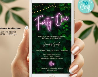 41st Birthday Invitation Template – Neon Greenery Digital Evite (1080x1920px)