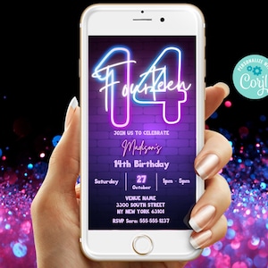 14th Birthday Invitation Template - Editable Template Digital Evite | Purple Neon Fourteenth Birthday Digital Evite