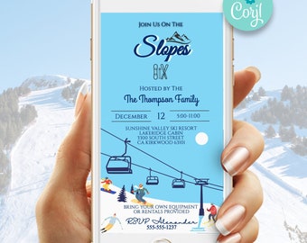 May include: A blue and white digital invitation for a ski trip. The invitation says "Join us on the Slopes" and includes the date, time, and location of the event. The invitation also includes a graphic of a ski lift and skiers.