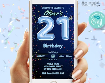 Blue Balloon 21st Birthday Invitation - Digital Evite Template