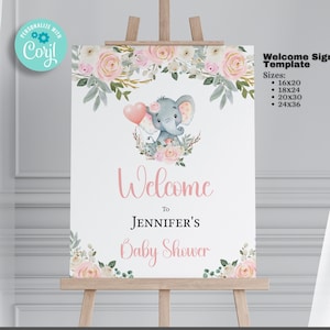 Elephant Baby Shower Welcome Sign - Elephant Welcome Template 4 Sizes 16x20, 18x24 , 20x30, 24x36  Sign - printable Instant download BIB357