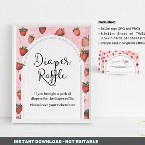 Signe de tombola de couches pour baby shower aux fraises - jeux de baby shower aux fraises - imprimable téléchargement immédiat avec cartes de tombola BIB233