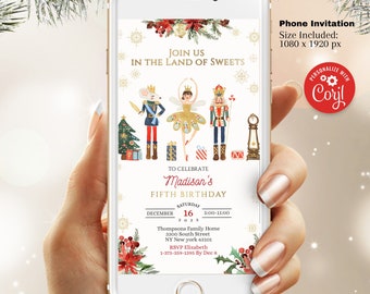 Op de afbeelding: Een telefoonscherm met een digitale uitnodiging voor een vijfde verjaardagsfeest. De uitnodiging toont een Notenkraker en een ballerina in een winterwonderland-decor. De tekst luidt "Sluit je aan bij ons in het land van snoepjes om de vijfde verjaardag van Madison te vieren." De datum en tijd van het feest zijn aangegeven als "16 december, 17:00-23:00 uur".