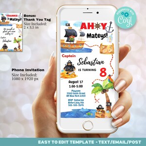 Plantilla de invitación pirata - Invitación de cumpleaños pirata, fiesta pirata Ahoy Mateys cualquier edad / Evite digital editable con etiqueta de agradecimiento