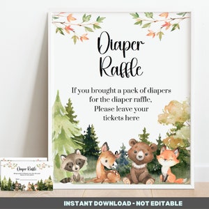 Woodland Diaper Raffle Sign - Woodland Baby Shower - printable Instant download With raffle cards BIB346