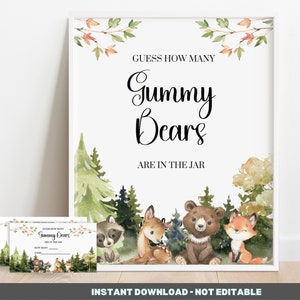 Woodland Guess How Many Gummy Bears Game Sign - Woodland Baby Shower - stampabile Download istantaneo con carte della lotteria BIB346