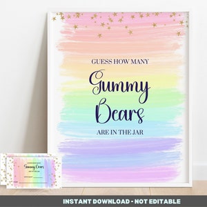 Rainbow Shower Devinez combien d’ours gommeux Game Sign - Rainbow Baby Shower, téléchargement imprimable avec cartes de tombola BIB322