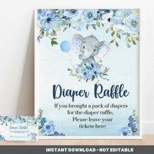 Diaper Raffle Sign - Elephant Baby Shower games - printable Instant download With raffle cards BIB358
