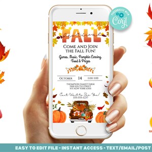 May include: A digital invitation for a fall festival with a cartoon truck full of pumpkins and fall leaves. The text reads "Come and join the fall fun! Games, music, pumpkin carving, food & prizes. October 14, 11:00-5:00. Thompson Family Farm, 3300 South Street, NY New York 63100. Can't wait to see you! 555-555-1237."