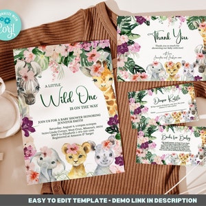 Editable safari baby shower invitation Template Bundle,  jungle baby shower invitation, Printable Invitation, Wild One baby shower