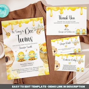 Può includere: Un invito a una festa di nascita giallo e bianco a tema api. L'invito dice "It's Going to Bee Twins" e include il nome Jennifer Smith. L'invito include anche la data, l'ora e il luogo della festa.