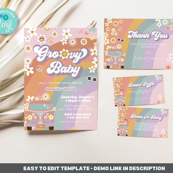 Editable Groovy Baby Shower Invitation Template, Shower Bundle, 70s theme baby shower invitations, hippie baby shower, Printable BIB257