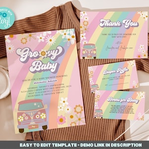 Editable Groovy Baby Shower Invitation Template, Shower Bundle, 70s theme baby shower invitations, hippie baby shower, Printable