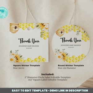 Editable Sweet as can Bee Baby Shower, 2 Inches Square and Round Circle Label Template, Honey baby shower, thank you tag, printable BIB267