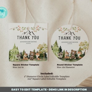 Woodland Baby Shower, 2 Inches Square and Round Circle Label Template, Adventure Awaits Baby Shower thank you tag, printable BIB349