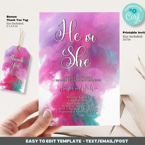 Gender Reveal Invitation Template - He or She Invitation Template - Pink Blue Smoke Printable 5x7 Invitation
