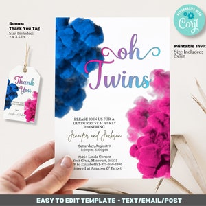 Zwillinge Gender Reveal Einladungsvorlage - Gender Reveal Einladungsvorlage - Pink Blau Rauch druckbare 5 x 7 Einladung