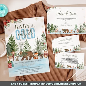 Ensemble de modèles d’invitation à la fête prénatale modifiable pour bébé, il fait froid dehors, ensemble d’invitations à la fête prénatale de Noël