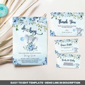 Editable Blue Elephant Baby Shower Invitation Boy Template Bundle, elephant boy baby shower invitation, oh boy baby shower, Printable BIB358