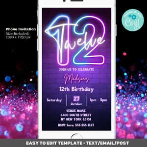 12th Birthday Invitation Template - Editable Template Digital Evite | Purple Neon Twelfth Birthday Digital Evite