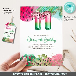 Watermelon Birthday Invitation, 11th Birthday Invitation Template - watermelon party - Printable 5x7, and Thank You Favor Tag
