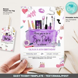 Spa Birthday Invitation Editable Template  - spa birthday invite - girls birthday spa party - Editable printable 5x7