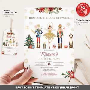 Editable Nutcracker Birthday Invitation Template - Winter Birthday Invite Instant Download - Pintable 5x7 invitation with Thank You Tag