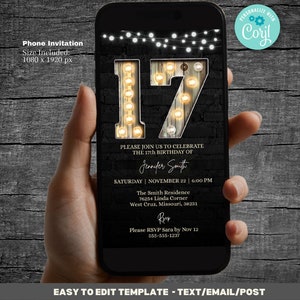 Editable 17th Birthday Invitation Template Digital Marquee Etsy