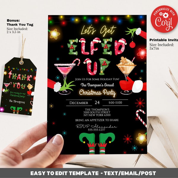 Let's Get Elfed up invitation Template - Holiday Invite Instant Digital Download Printable Invite and Thank You Tag