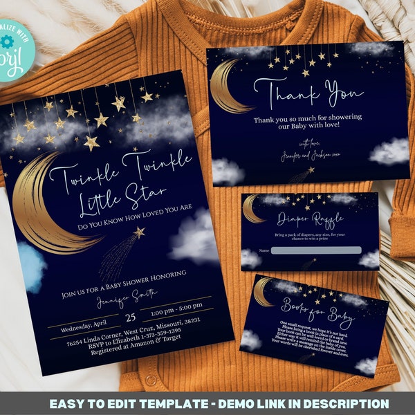 Editable Twinkle Twinkle Little Star Baby Shower Invitation Template BUNDLE, Printable Invite Thank You Diaper Raffle, Books for Baby BIB396