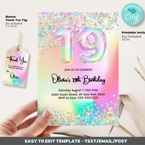 Modelo editável de convite de aniversário de 19 anos para impressão, convite brilhante iridescente. Convite holográfico, convite arco-íris 5x7 para impressão
