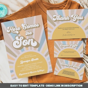 Editable Sunshine Baby Shower Invitation Template, Shower BUNDLE, sun baby shower invitations, Here comes the sun, Printable BIB275