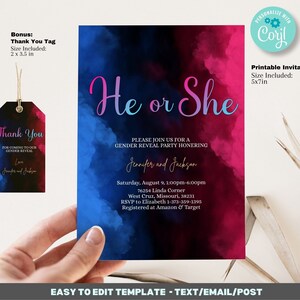 Gender Reveal Invitation Template - He or She Invitation Template - Pink Blue Smoke Printable 5x7 Invitation