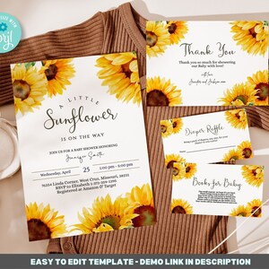 Bearbeitbare Sunflower Baby Shower Einladung 13x18 inkl. Druckbare Einladung 15x20, Dankeskarte, Windel-Verlosung, Bücher für Baby BIB223
