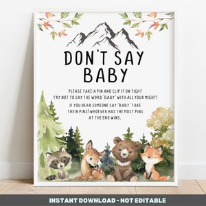 Don&#39;t Say Baby Sign Woodland Baby Shower Sign  - Adventure Awaits Baby Shower Game Don&#39;t Say Baby - printable Instant download BIB349