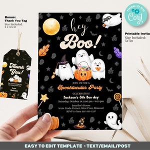 Editable Hey Boo Halloween Birthday Invitation Template - Spooktacular birthday - Groovy Ghost Halloween -  Editable printable 5x7