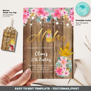 Aloha Invitation, Hawaiian invitation Invitation Template - luau party - pineapple invitation, Printable 5x7, and Thank You Favor Tag