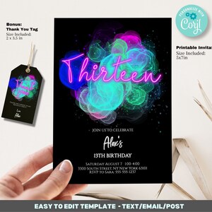 Editable 13th Birthday Invitation Template, Neon Invitation, Neon cloud invitation, pink glow invitation, 5x7 Printable